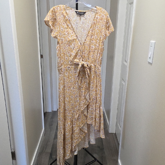 Anthropologie Kivari Yellow Floral Ruffle Faux Wrap Asymmetrical Midi Dress - Picture 2 of 8
